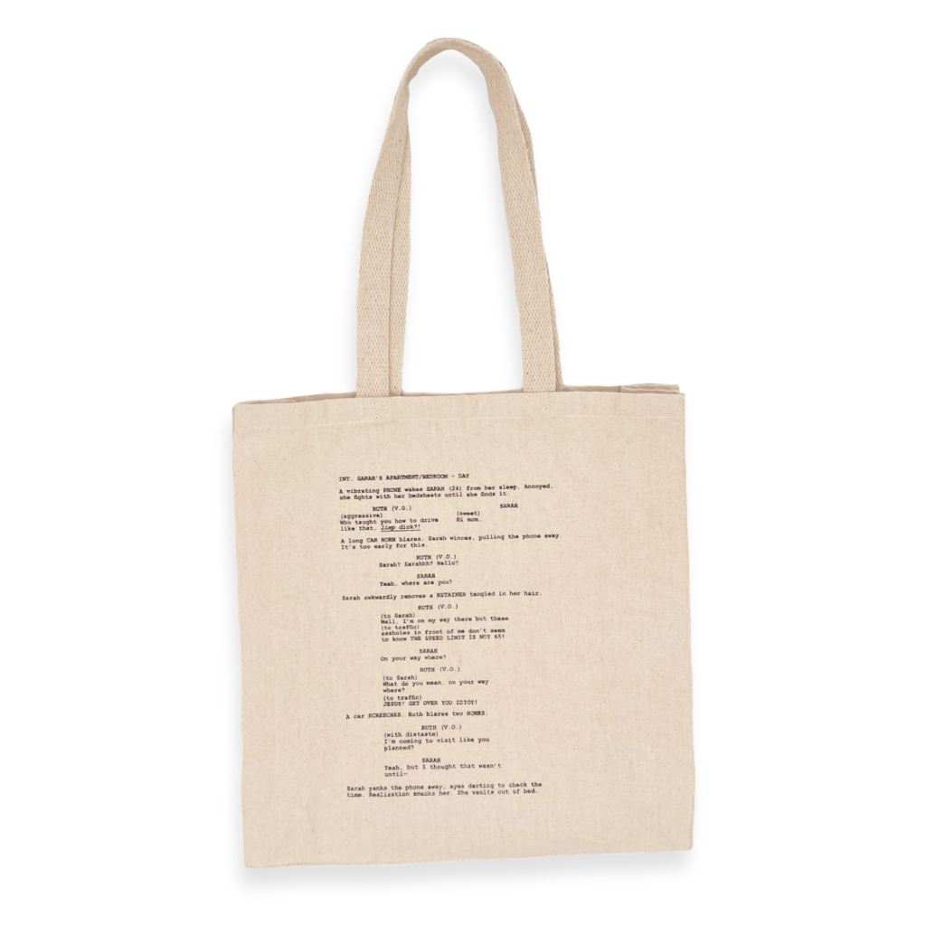 Canvas tote bag with a screenplay printed on it, shown on a transparent background.