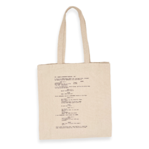 Canvas tote bag with a screenplay printed on it, shown on a transparent background.