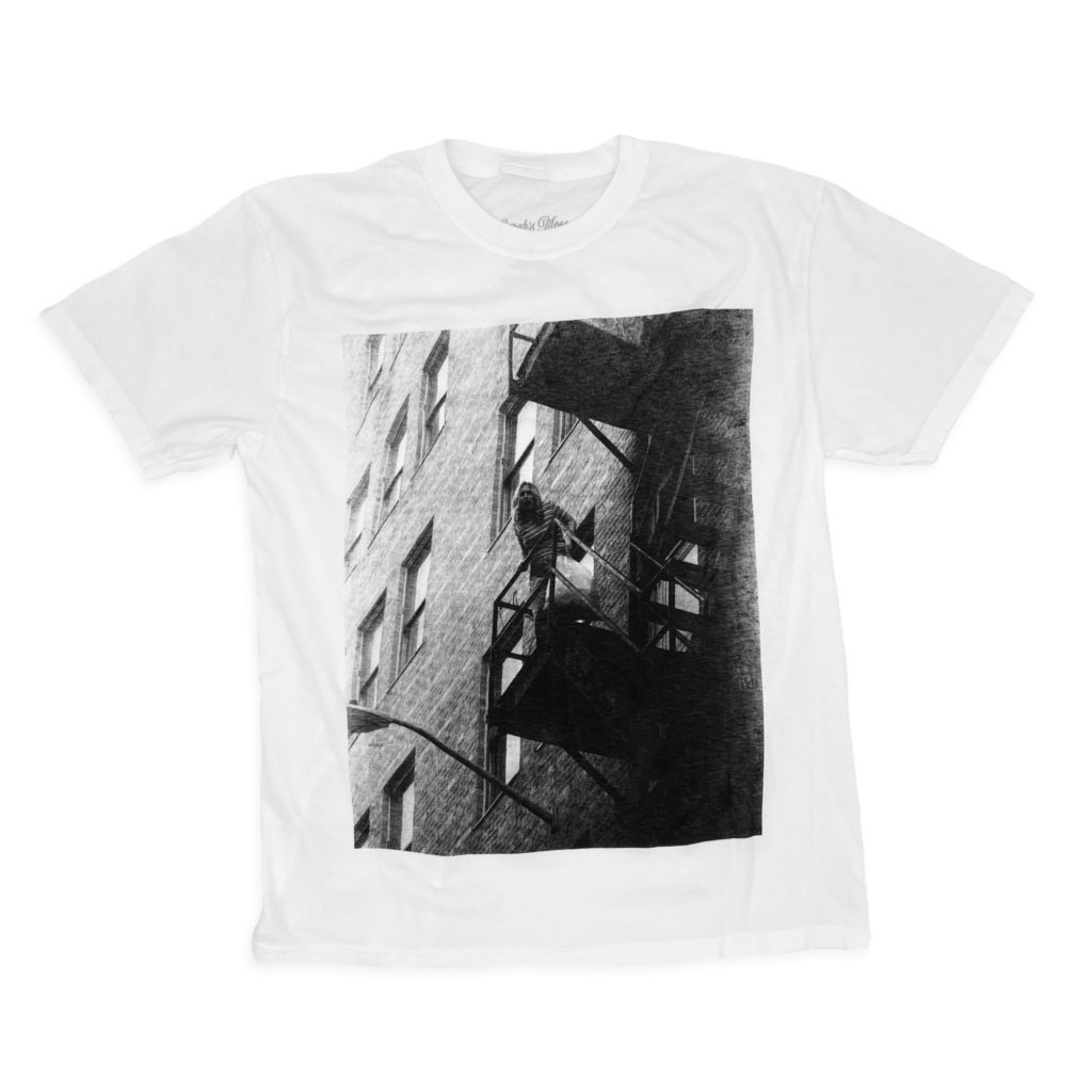 Studio-style shot of the Scream Tee Misprint on a transparent background, featuring the misprinted black-and-white image from the movie.